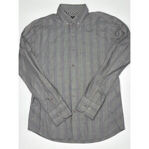 AVA Mens Grey Textured Check Long Sleeve Button Down Shirt Size Large